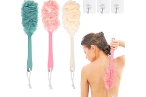 HEVEER Duschschwamm mit Stiel Badeschwamm mit Langem Griff Mesh Badebürste mit 3 Klebehaken Rückenbürste Badewäscher für Damen und Herren 3 Stück