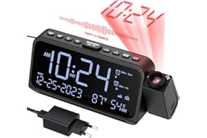 Radiowecker mit Projektion, Projektionswecker für Schlafzimmer, Typ C & USB-Anschluss, Wochentag/Wochenende, Projektionsuhr DST Dimmer/Temperatur/Datumsanzeige, Wecker Digital für Nachttisch Büro