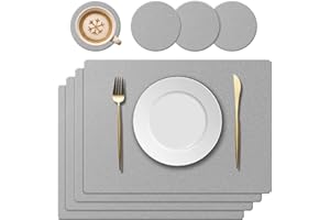 KERYCHIN Washable Silicone Placemat and Coaster, Heat Resistant 220 °C, Non-Slip and Waterproof, Easy to Clean for Dining Room, Kitchen, Hotel, 40 x 30 cm, 8 Pieces, Light Grey, L