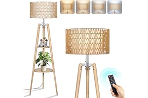 OUTON Wood Tripod Floor Lamp with Rattan & Linen Double Shades, Dimmable & Adjustable Color Temperature, Farmhouse Standing Lamp with Remote, Boho Floor Lamp with Shelves for Living Room, Bedroom