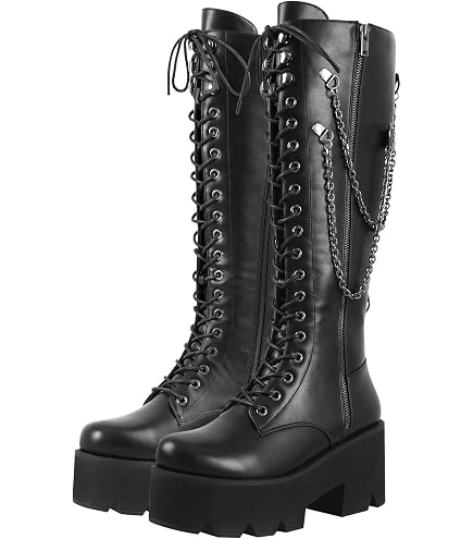 Plateau-Kniehohe Stiefel, Biker-Stiefel Für Damen, Breite Wade, Hohe Gothic- Stiefel Für Damen, Klobiger Absatz, Rave-Motorradstiefel Mit Schnallen, Schnürung Und Reißverschluss, Kampfstiefel, Militär