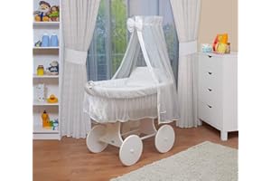 WALDIN BABY COLLECTION WALDIN Cuna Moisés, XXL, 24 modelos a elegir,Madera/ruedas lacado en blanco,color textil blanco/blanco