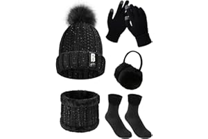Tuopuda 5 Pièces Ensemble Femme Hiver Bonnet Écharpe Gants Cache-Oreilles Chaussettes Chaude Confortable