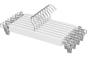 ‎SONGMICS SONGMICS wieszaki do spodni, zestaw 8 sztuk, wieszak na spódnice z drewna, z regulowanymi klipsami, antypoślizgowy, do spodni, szortów i spódnic, kolor biały CRW009W01