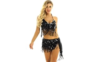 Freebily Vestito da Ballo Latino Donna Completo Danza del Ventre Paillettes Top Reggiseno con Frange Mini Gonna Tutu Pettiskirt Fasciatura con Nappa Samba Rumba Ballerina