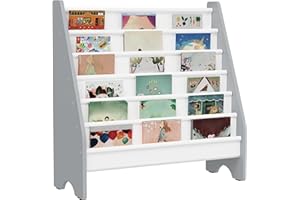 CHOEZON 6-Tier Kids Bookshelf, Children's Bookcase, Magazine and Book Storage Rack, Large Capacity Sling Book Organizer, Book Shelf for Kids Room, Bedroom, Nursery, Playroom, White and Gray DMCW07WG