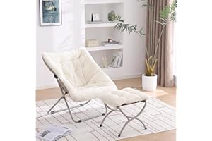 YOTATING Untertassenstuhl mit Ottomane, bequemer Kunstpelzstuhl, klappbarer, weicher, pelziger Lounge-Lazy-Stuhl, Metallrahmen, Moon Chair, Akzentstuhl für Schlafzimmer, Schlafsäle, Beige