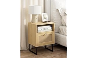 HEYZOEY Boho Nachttisch, Kleiner Rattan Beistelltisch Mit Schublade und Eichenregal für Schlafzimmer, Wohnzimmer, Büro (Eiche Rattan)