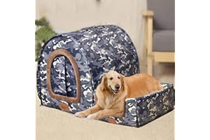 XPNIT Extra Large Jumbo Dog Bed House,Calming Dog Kennel with Curtain Foldable 2-In-1 Dog Sofa Cushion Warm Pet Shelter Washable (XL75*57 * 55cm,Pattern-G)