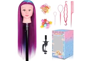 26" Cabeza Peluqueria, MYSWEETY 100% Pelo Cabello Sintético Cabeza de Maniqui, Cabezal de Práctica Modelo Maniqui de Aprendizaje Sintético con Accesorios Pelo, Soporte Cabeza Peluqueria(2 colores)