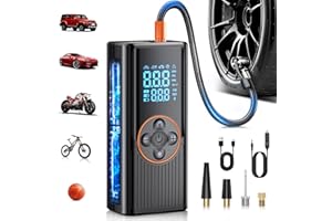 GRUTOLY Kabelloser Elektrische Luftpumpe, 8000mAh, 150PSI Tragbarer Akku-Kompressor, Elektrische Fahrradpumpe mit Digitalanzeige und LED-Licht mit 4 verschiedenen Düsen für Auto/Motorrad/Fahrrad/Bälle, Orange