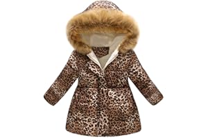 Susenstone Manteau Fille Avec Capuche Fourrure Hiver Long Blouson Coupe-Vent éPais Chaud Coat Imprimé LéOpard Peluche Doudoune 2-7 Ans Kaki