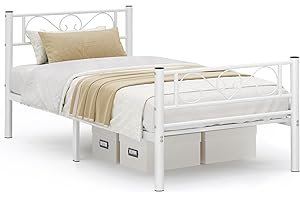 VASAGLE Cadre de Lit 90 x 190 avec Sommier Métal, Lit 1 Personne, en Métal, Montage Facile, pour Petits Espaces, Chambre d’Amis, Chambre Ado, Blanc RMB061W01
