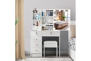 Guanglai Vanity Desk with Mirror and Lights Vanity Table Set with 5 Drawers and Stool,Shelves Vanity Set Dressing Table Bedroom Furniture for Girl Woman White