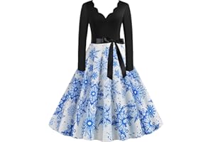 EFOFEI Women Hepburn Long Sleeve Dress Christmas Line Up Dress Cocktail Party Evening Dress Knee-Length Dress