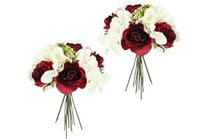 ‎FLAIR FLOWER Flair Flower Künstliches Rosenbouquet mit Hortensien Rosen Strauß Kunstblumenstrauß Bouquet Seidenblumen Blumenbouquet Blumenstrauß Hortensienbouquet Kunstblumen Blumen Hochzeit, weinrot/weiß