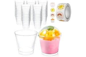 Euleryoo Lot de 50 gobelets à dessert en plastique transparent avec couvercle 210 ml – Accessoires de fête pour mousse, pudding et glace – Rouleau d'autocollants inclus