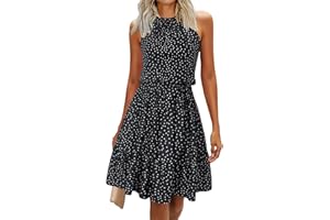 Newshows Women's Summer Halter Neck Dresses Floral Print/Solid Sleeveless Ruffle Party Sundress with Pockets