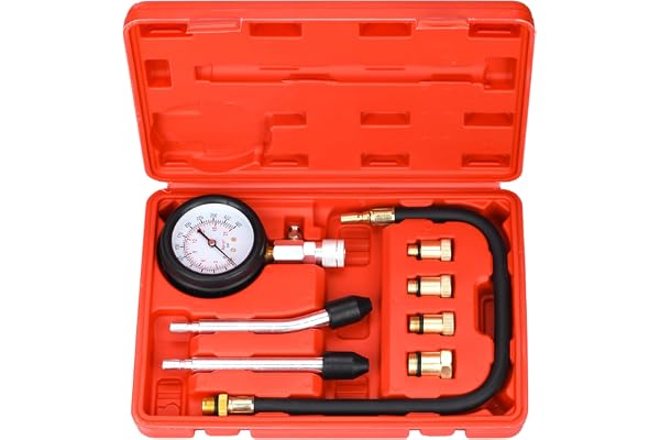 HATANSE Testeur de Compression de Cylindre, Compressiomètre pour Moteurs à Essence, 0-20 bar & 0-300 psi avec Testeur de Bougie D'allumage et 4 Adaptateurs M10 M12 M14 M18 (Rouge)