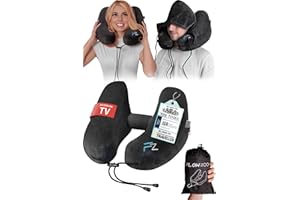 FLOWZOOM Air Inflatable Travel Neck Pillow for Airplane & Car – H-Shape Travel Pillow with Hood, 5 Sleeping Positions, Quick Inflation, Adjustable Pressure, Soft Plush Cover – Size L, Black