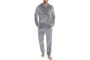 Lovasy Pigiama in Pile Uomo Caldo con Cappuccio Pigiami Due Pezzi Invernale Comodo Pigiama Lungo Completino Casual per Casa con Tasche S-XXL