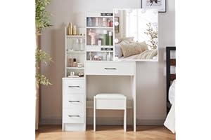 LIANWANG Hollywood Vanity Desk Set with 2 USB Ports and 2 Plug Sockets, 4 Drawers and 6 Cabinets Makeup Vanity with Sliding Lighted Mirror, Dressing Table with Soft Stool for Girls