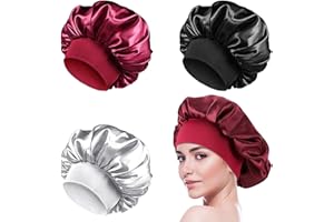 Zhtulck Silk Hood for Sleeping, Pack of 3 Sleep Caps, Silk Satin Bonnet, Soft and Comfortable Satin Hair Cap, Elastic Sleep Cap for Various Hair Types (Black, Grey, Red)