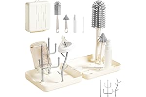 XongSyue Juego de 7 en 1 Cepillo Limpia Biberones con Limpia Biberones Cepillo de Silicona, Cepillo para Pezón, Cepillos para Pajita, Dispensador de Jabón, Estante de Secado, para Viajes Uso Doméstico