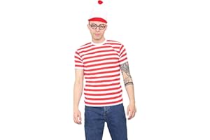 Grunge Wear® Mens Womens Red White Stripe T-Shirt Hat Glasses Set - Unisex 3 Pcs Book Week Fancy Dress Costume Outfit Size S-XXL