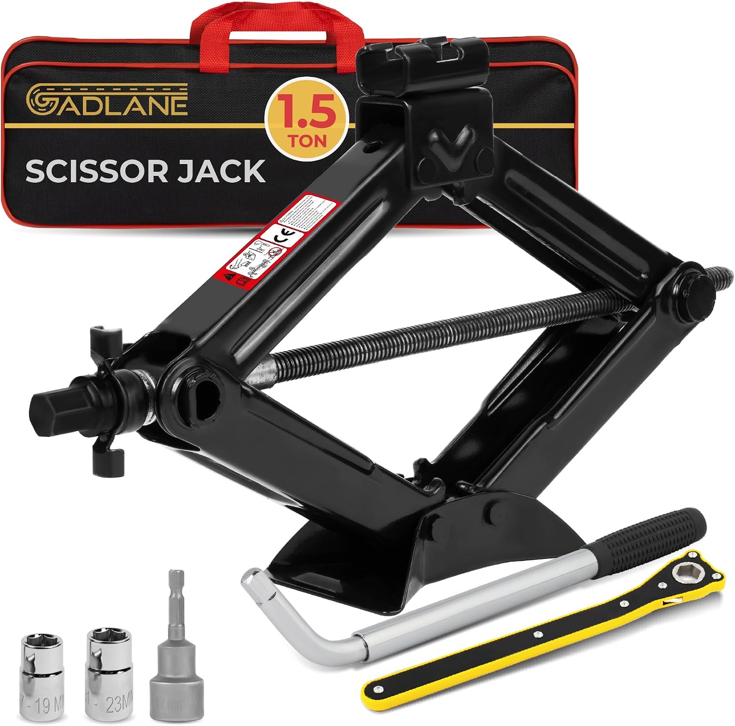 GADLANE Scissor Jack Kit - 1.5 Ton Portable Heavy Duty Car Jack Kit with Socket Drill Adapter, Extendable Wrench, Ratchet for Easy Lifting Cars/SUVS/Sedans, Storage Bag (Lifting Range: 3.13-13.17")