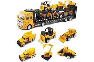 OTONOPI Car Transport Truck Toy Construction Truck Diecast Cars Play Vehicle Set Carrier Trailer Truck with Mini Crane Excavator Digger Dumper Tractor for Kids Pack of 7