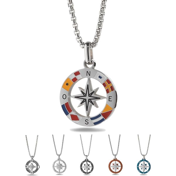 Ciondolo Bussola Vintage Con Pietre Turchese - Collana Uomo Donna In Acciaio Inossidabile - Gioiello Antico Due Lati