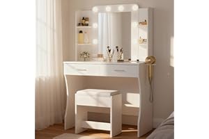 BonVache Schminktisch mit Beleuchtung, Farbtemperaturregulierung, Frisiertisch mit Spiegel und Steckdosen, Kosmetiktisch mit 6 Offenen Ablagen und Haartrocknerhalter, mit 2 Schubladen und Hocker