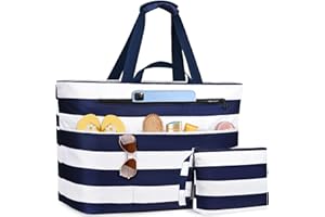 NEWIROVE Sac De Plage Femme, Grand Sac Plage Avec Fermeture Éclair Xxl Family Bag Imperméable Pliable Beach Bag Cabas Femme Pour Piscine, Shopping, Vacances. 50L,Rayures bleu-blanc