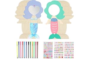 HDHGXUJRD Meerjungfrau Basteln Holz,14 Stück DIY Holzspiegel Handwerk mit Griff,Holzbastelset für Kinder,Meerjungfrau Geburtstag Deko Unvollendete Holz Meerjungfrau Bastelset für Jungen,Mädchen DIY Malerei
