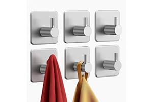 Auxmir Ganci Adesivi-6 pz Appendi Accappatoio Bagno in Acciaio Inox, Forte, Impermeabile, Antiruggine, Autoadesivo, Rimovibile senza Tracce, Salvaspazio, Porta Asciugamani Bagno Cucina Ufficio Argento