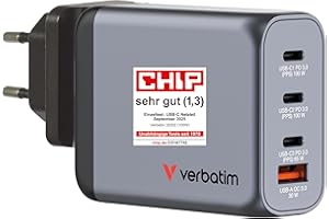 Verbatim GaN Charger 100 W, 4 Ports USB-C Ladegerät, Power Adapter mit 3 x USB-C und 1 x USB-A, Schnellladegerät als Mehrfachstecker, für Apple MacBook, Notebook, iPad, iPhone, Samsung und Co
