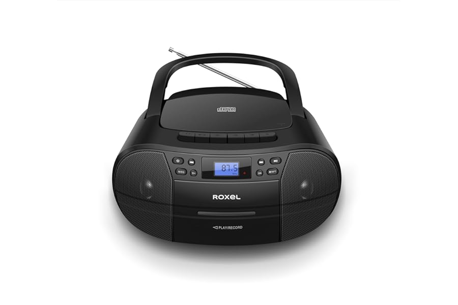 Roxel RCD-S90C Boombox Portable CD and Cassette Player with FM Radio,USB Playback, AUX In, BT streaming, Headphone Jack, and Dual Power Options