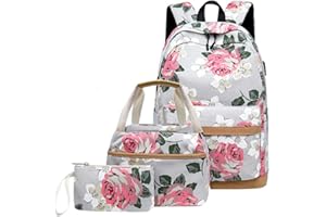 BANSUSU 3 in 1 Floral Prints Canvas Backpack and Lunch Bag Set for Girls Womens Casual Daypack Rucksack with USB Charger