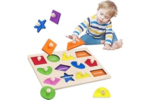 BINZHIYUAN Montessori Toy Preschool Wooden Puzzles Montessori Geometric Shape Puzzle Baby Puzzle Colorful Wooden Shape Peg Puzzles for 1 2 3 Year Old Girls Boys Gift with Board Knob
