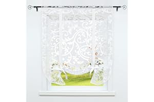 ‎CORLIF CORLIF Raffrollo mit Tunnelzug Gardinen Küche Ausbrenner Transparente Vorhänge Modern Kurze Fenster Vorhang mit Ranken Muster Weiß BxH 60x140cm 1 Stück