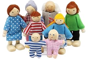 Wagoog Puppenhaus Puppenfamilie Set, Holz 8 Personen Figuren Puppen Spielset für Puppenhaus Zubehör Mädchen Kinder Kinder Spielzeug Geschenk