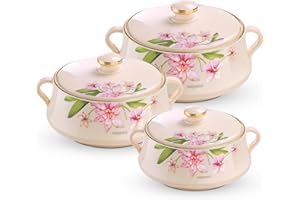 AKH HOUSEWARE Insulated Casserole Dishes | Serving Dishes With Lid | Stainless Steel Inner | Keep Food Warm | Thermal Food Container | Hot Pot | (Ivory, SET OF 3)