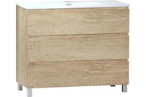 BAIKAL Conjunto de Mueble de Baño LESI. Compuesto por Mueble con Patas y Lavabo Cerámico. Tres Cajones. Melamina 16mm. Mueble MONTADO. Fondo 46cm 100 cm Nature