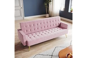 ZANOFIRA 3 Seater Click Clack Sofa, Pink Luxury Velvet Mid Century Modern Couches w/Square Armrest Comfy Small Sofas for Living Room, Bedroom, Apartment, Home Office