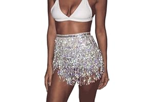 Springcmy Women Boho Rave Skirt Fringe Skirt GlitterSequin Tassel Skirt Belly Dance Hip Scarf Rave Party Festival Outfit