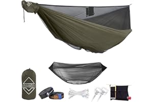 onewind Hamac de Camping de 366 cm avec moustiquaire, hamac Double ultraléger en Nylon Ripstop avec Sangles d'arbre, hamac Portable Chargeable de 250 kg pour Le Camping en Plein air, Vert OD