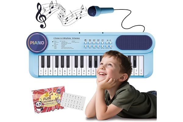 Clavier Électronique pour Filles de 2 Ans, Instrument Portable à 37 Touches Bleues avec Microphone, Jouets Musicaux Sonores Éducatifs, Cadeaux de Noël pour Les Enfants de 3 4 5 6 Ans