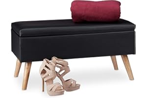 Relaxdays Banco Almacenamiento 40 L, Acolchado, Patas de Madera, Cuero Sintético, 40 x 80 x 39,5 cm, Asiento Baúl, Negro