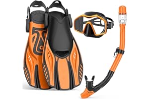OTOWAVING Snorkel Set Adults with Flippers,Snorkel Mask with Adjustable Swim Fins,Dry Snorkel,Panoramic View Swimming Goggles Snorkelling Packages,Snorkeling Gear for Snorkeling Scuba Diving Swimming Travel